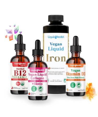 LIQUIDHEALTH Vegan Daily Essentials Vitamin Starter Kit with Organic Methyl B12 Drops, Vegan Liquid Collagen + Biotin, Liquid Iron, Vitamin D3 Drops - 100% Plant-Based Vitamin Supplements, Made in USA