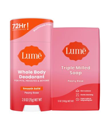 Lume Whole Body Deodorant And Soap - 2.6 Ounce Smooth Solid Stick With 72 Hour Odor Control and 5 Ounce Triple Milled Soap - Aluminum Free Baking Soda Free and Skin Loving (Peony Rose) Peony Rose 2 Piece Set
