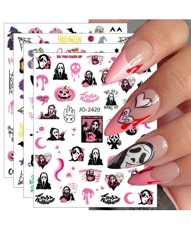 JMEOWIO 9 Sheets Halloween Nail Art Stickers Decals Self-Adhesive Skull Horror Ghost Pink Pumpkin Spook Nail Supplies Nail Art Design Decoration Accessories