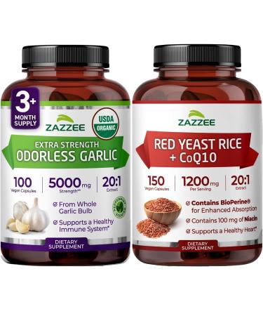 Zazzee Herbal Cardio Support Bundle | Red Yeast Rice with CoQ10 Plus USDA Organic Garlic 20:1 Extract Capsules | Non-GMO Vegan & ISO Lab Tested