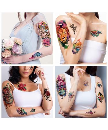 Watercolor Temporary Tattoos - Butterfly, Flower, Lion, Wolf, Dream Catcher Designs - 77 Sheets for Men, Women & Kids - Buy Online on GoSupps.com