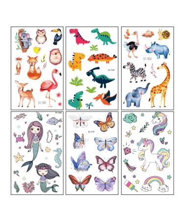 Temporary Tattoos for Kids, Christmas Birthday Party Supplies Unicorn Mermaid Butterflies Dinosaur Fake Tattoo Stickers Art(6 Sheets)