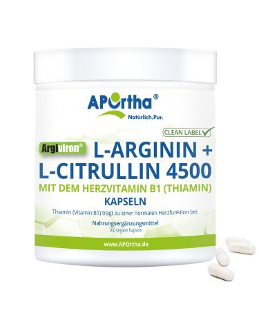 Aportha Argiviron L-Arginine + L-Citrullin 4500 highly dose + Heart vitamin Vitamin B1 360 vegan capsules high-dosed in a ratio of 1.6 to 1 from L-arginine to L-Citrull allergen-free - Buy Online on GoSupps.com
