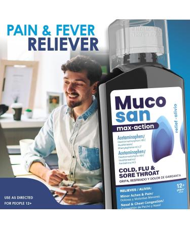 Mucosan Max-Action Cold & Flu Relief Maximum Strength Medicine - Fever Sore Throat Chest Congestion & Cough Suppressant Expectorant FSA Eligible - 6 fl oz (177 mL) 1-Pack - Buy Online on GoSupps.com
