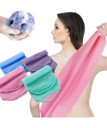 4 Pack Exfoliating Back Scrubber with Handles Nylon Extended Length Bath Towel Shower Back Washer Exfoliating Washcloth Rear Scrub Stretchable for Body Shower Deep Cleaning Massages