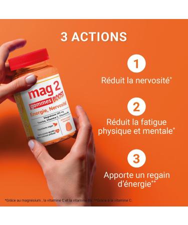 MAG 2 - BOOST gummies - Magnesium taurine vitamins B6 and C - Anti-nervousness and anti-fatigue - No added sugars - Natural mandarin flavor - Food supplement - 45 gummies - Buy Online on GoSupps.com