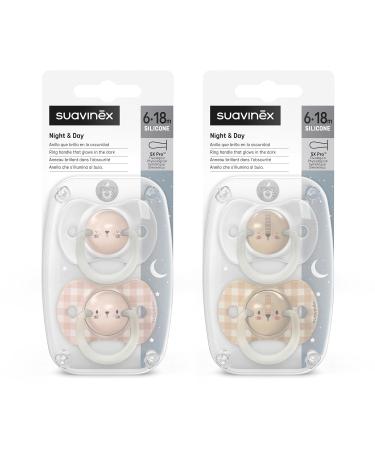 Suavinex Night & Day Pacifier Set for Babies 6-18 Months | Glow in the Dark Silicone Pacifiers - Pink & Beige - Buy Online on GoSupps.com