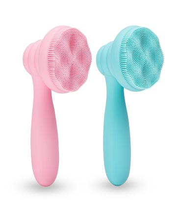 2 PC Silicone Facial Cleansing Brush Facial Scrubber Manual Exfoliating Facial Brush Face Cleanser Face Exfoliator Ultrafine Bristles for Sensitive Skin Easy to Clean Lather Well(Pink&Green)