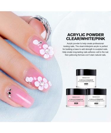 Morovan Acrylic Nail Kit - Professional 3 Color Acrylic Powder Set for Nail Extension with Brush - Nail Art Starter Kit in Clear, White, Pink - Buy Online on GoSupps.com