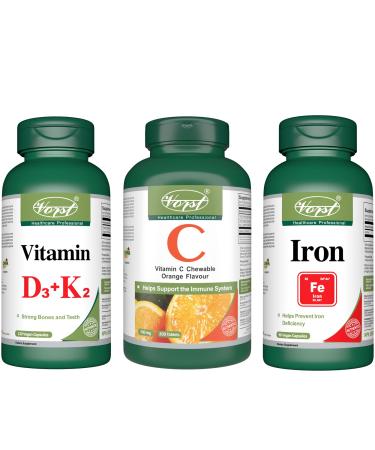 VORST Vitamin D3 + Vitamin K2 120 Vegan Capsules and Vitamin C 200 Chewable Tablets and Iron 45mg 90 Vegan Capsules | Bone Health Combo | (Combo Bundle 3 Bottles)