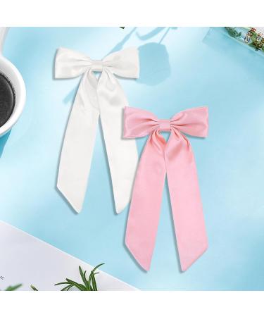 Pink Hair Bow White Bow Hair Clip Hair Bows Bow Clip Long Tail Hair Clips Ponytail Clips Retro 90s Headwear Party Wedding Hair Accessories for Women Girls (Pink + White) - Buy Online on GoSupps.com