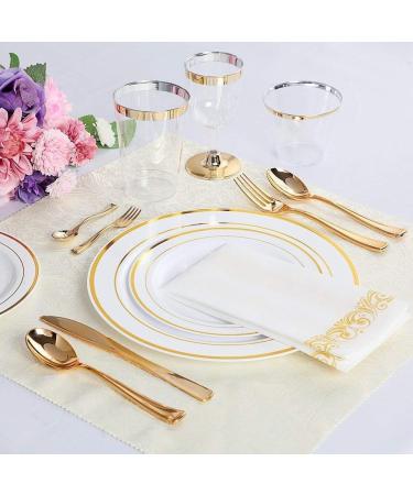 KOYEE 125 Piece Gold Plastic Silverware&Disposable Plastic Plates- Premium Heavyweight Plastic Place Setting include 25 Dinner Plates 25 Salad Plates 25 Forks 25 Knives 25 Spoons (Gold) - Buy Online on GoSupps.com