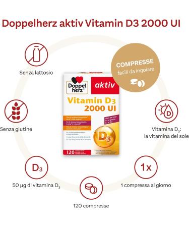 Doppelherz aktiv Vitamin D3 2000 IU Immune Support Bone & Muscle 50 g/tablet 120 Essential Tablets for Optimal Health - Buy Online on GoSupps.com