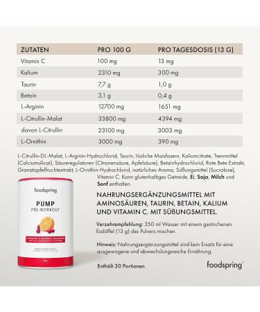 Foodspring Pump Pre-Workout Drink | Caffeine-Free & Sugar-Free Boost for Muscle Growth | 390g Cranberry & Orange - Buy Online on GoSupps.com