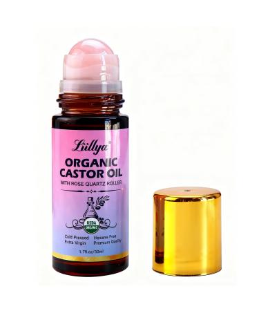 Liillya Organic Castor Oil Roll On with Rose Quartz Roller 100% Pure Cold-Pressed Hexane-Free Natural Moisturizer for Skin Hair Brows & Lashes | Amber Glass Bottle 50ml (1.7oz)