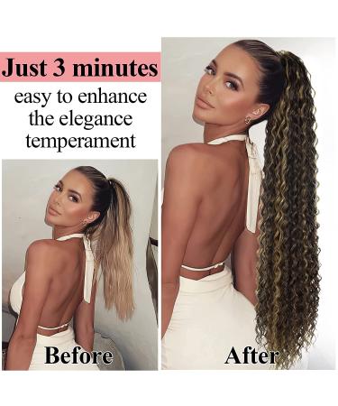 30-Inch Thick Curly Drawstring Ponytail Extensions - Chocolate Brown & Honey Blonde Highlights - Buy Online on GoSupps.com