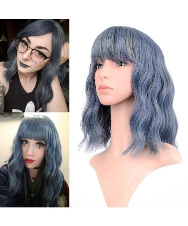 FAELBATY Short Bob Blue Wigs With Air Bangs Shoulder Length Women's Wig Curly Wavy Synthetic Cosplay Wig for Girl Halloween Costume Wigs (12" blue color) mix blue