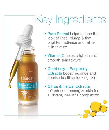 MD Complete Retinol Vitamin C Concentrate Serum - High Potency Anti-Aging Serum with Retinol Vitamins C & E Omega 3-6-9 & Fruit Seed Extracts - 0.5fl oz - Buy Online on GoSupps.com