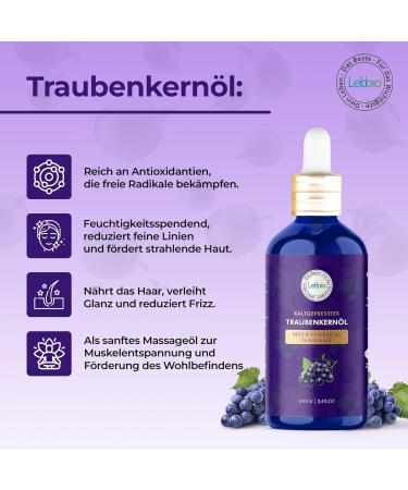 Lebbio Grapeseed Oil 100ml 100% Natural Cold Pressed - Grapeseed Oil - Natural Moisturizing Care - For Hair Skin Massage Face Beard & Aromatherapy - Omega 3 - Buy Online on GoSupps.com