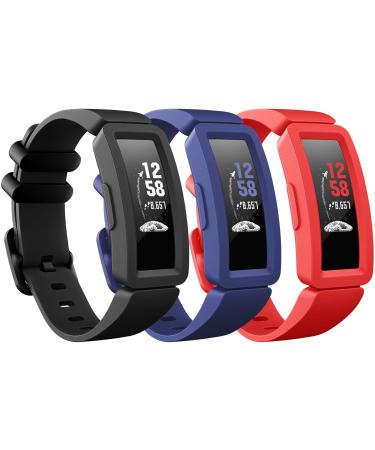 eseekgo Compatible with Fitbit Ace 2 Bands for Kids 6+, 3-Pack Colorful Silicone Rubber Adjustable Replacement Sport Swim-Friendly Bands for Girls Boys, Black+Navy+Red A. Black+Navy+Red