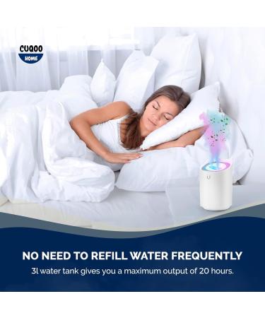 CUQOO 3L Cool Mist Humidifier with Colour Changing Night Light - 20 Hours Lasting | 3 Mist Modes, 2 Nozzles, Auto Shut-Off | Air Moisturizer for Baby Room - Buy Online on GoSupps.com
