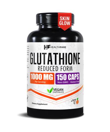 Healthfare Glutathione Supplement 1000mg | Reduced GSH Antioxidant | 98%+ Highly Purified | 150 Vegan Capsules | Immune & Detox Support | Non-GMO Gluten-Free | Made in USA 150 Count (Pack of 1)