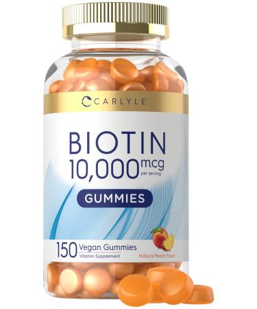 Carlyle Biotin 10000mcg Gummies | 150 Count | Peach Flavor Supplement | Vegan Non-GMO Gluten Free 150 Count (Pack of 1)