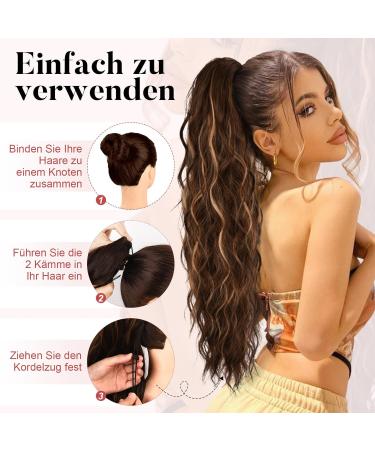 Brikabia Ponytail Extension - 66cm Beach Wavy Clip-In Hair Extension for Women in Chocolate Brown with Blonde Reflexes - Buy Online on GoSupps.com