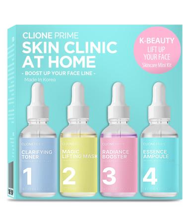 CLIONE PRIME KBeauty Skin Clinic at Home - 4 Step Night Care Kit - Anti-Aging Lifting & Firming Treatment for Wrinkles, Elasticity & Hydration - Korean Skincare Essence, Mask, Booster & Ampoule Set