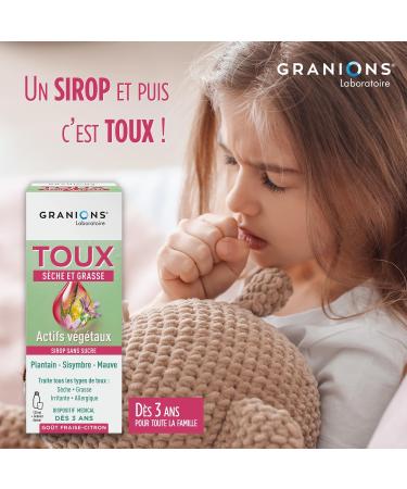 GRANIONS Cough Syrup - 4 in 1 - Sugar Free - Dry and Oily Cough Syrup - Natural Formula without Contraindications - Plantain Extract - Medical Device - From 3 Years | Strawberry-Lemon Flavor - 120 ml - Buy Online on GoSupps.com