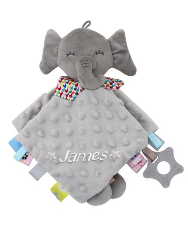 Baby Keepsake Rattle Personalized Security Blanket with Custom Embroidered Name for Newborn Baby Boys and Girls, Super Soft Plush Stuffed Elephant Baby Cuddle Blanket Snuggle Toy with Rattle Elephant Grey