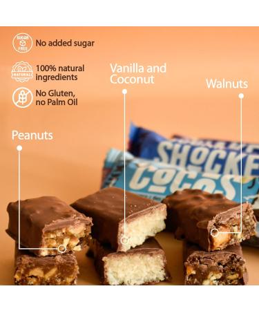 FitnesSHOCK Protein Bar Mix Box in Milk Chocolate Fitness Bars No Added Sugar 12-Pack Protein Bars Low Calorie Soft Nut Bars Low Carb Palm Oil-Free High in Fiber Coconut Walnut Peanut 12x35g Mix Box 35g - Buy Online on GoSupps.com
