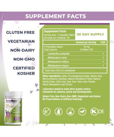 Endomune Jr Advanced Kids Probiotic and Prebiotic Chewables -10 Billion CFUs - 4 Strains Bacteria and FOS Prebiotic - Physician Formulated - 30 Chewable Tablets - Buy Online on GoSupps.com