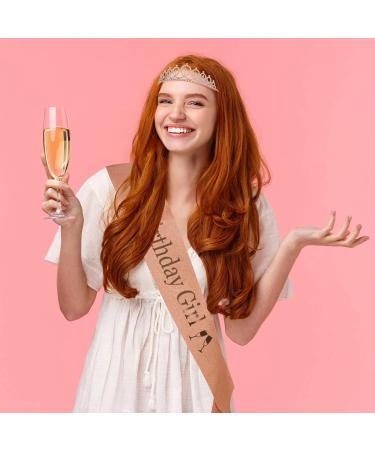 Personalized Birthday Sash & Crown Set for Women - Birthday Cake Toppers & Gift Kit - Rhinestone Hair Accessories - Rose Gold - Buy Online on GoSupps.com