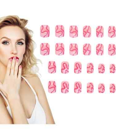 Short False Nails Pink White Pink Short False Nails Cute Curve Design Stick On Nails Glue On Colorful Square Short Artificial Full Stick On Nails - Buy Online on GoSupps.com