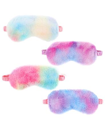 4 Pieces Plush Eye Mask Soft Fluffy Furry Eye Cover Comfortable Rainbow Color Sleeping Blindfold with Elastic Strap Faux Fur Eye Shade for Women Kids Teens Girls Travel Nap Party