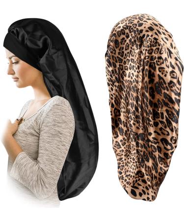 Satin Bonnet for Women 2 Pack Soft and Elastic Black Leopard Long Hair Cap，Large Breathable Silky Hair Bonnet for Sleeping Cap，Braids Bonnets for Women
