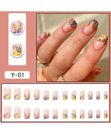 Square Press on Nails - TUZADNW Flower Design | 24 Pcs Glossy Short Fake Nails for Women - Artificial Nude Full Cover Acrylics - Buy Online on GoSupps.com