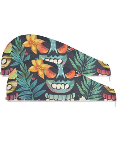 Seamless Tropical Aloha Totem Mask Hair Towel 2 Pack | Super Absorbent Quick Dry Hair Turbans for Women & Girls - Buy Online on GoSupps.com