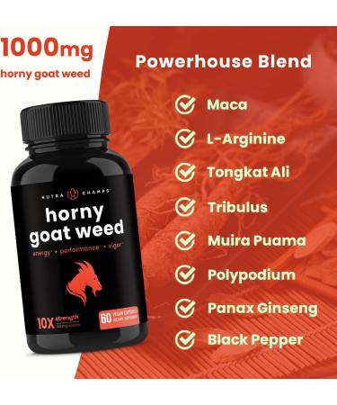 Horny Goat Weed 1000mg Supplement | 10X Icariin Strength | Ginseng, Tribulus & Maca | 60 Vegan Capsules - Buy Online on GoSupps.com