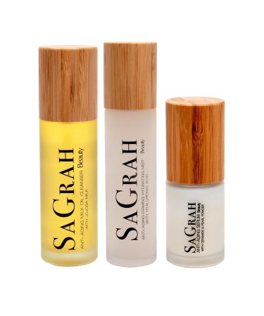 Shop Natural Vegan Facial Skincare Set | Brightening Firming & Hydrating Anti-Aging Essentials - 3 pc Cleanser Mist & Serum - Buy Online on GoSupps.com