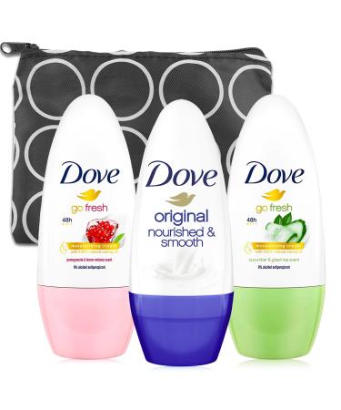 Dove Women's Deodorant Roll-On Variety Pack - Bundle with 3 Women's Deodorant Roll-Ons Original Pomegranate Cucumber Plus Bag | Women's Deodorant and Antiperspirant Roll-On Pack of 3