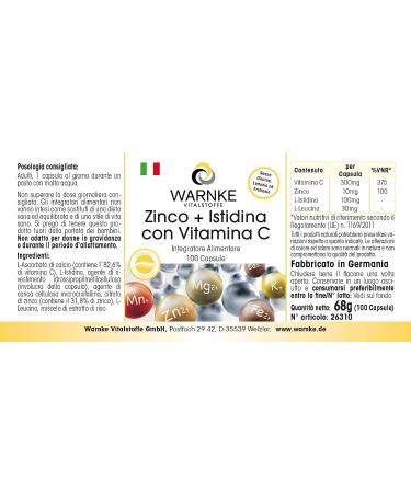 Zinc + Histidine + Vitamin C - High dosage - 300mg Vitamin C & 10mg Zinc per capsule - Vegan - 100 capsules | Warnke Vitalstoffe - Quality from German Pharmacies - Buy Online on GoSupps.com