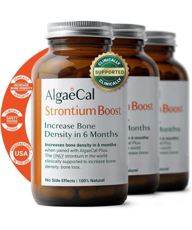 AlgaeCal - Strontium Boost, Natural Trace Mineral Supplement for Bone Density Increases, 680 mg per Serving, Easy To Swallow, Mineral for Bone Health, Dairy & Gluten-Free - NonGMO Veggie Caps - 3 Pack 3 Bottles