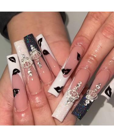 MISUD French Tip Press on Nails Long Coffin False Nails Glossy Fake Nails Rhinestone & Glitter Glue on Nails Black and White Acrylic Nails with Designs for Women and Girls 24Pcs 00001-V