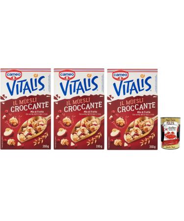 Cameo Vitalis Muesli Croccante Mix di Frutta muesli crispy mix of fruits with blueberries raisins and apples 3 x 310 g + Italian Gourmet polpa 400 g
