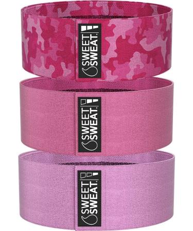 Sweet Sweat Hip Bands and Resistance Set with 3 Levels of Resistance | Non-Slip Fabric Booty Bands for Squats & Lunges | Includes Free Mesh Carrying Bag Pink Hip Bands