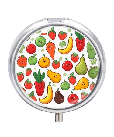 Round Pill Box Vegetable Fruit Print 3 Compartment Medicine Pill Case Print Pill Organizer Decorative Metal Portable Pill Box Pocket Pill Box