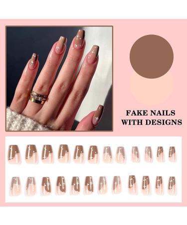 24Pcs Medium Long Coffin Fake Nails - Brown Ballerina Glossy Acrylic with Star Designs | False Stick on Nails for Women - Buy Online on GoSupps.com