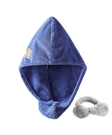 Microfiber hair towel - hair towel wrap hair towel turban with loop and button closure super absorbent fast drying hair cloth dark blue